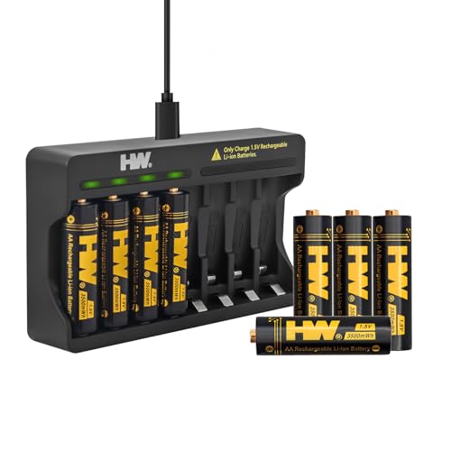 HW Rechargeable aa Batteries Lithium 8 Pack Fast Charger,