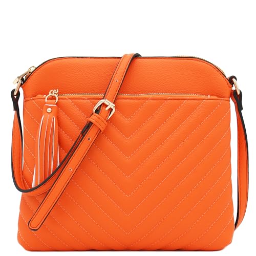 FashionPuzzle Chevron Quilted Medium Crossbody Bag with Tassel Accent (Orange)