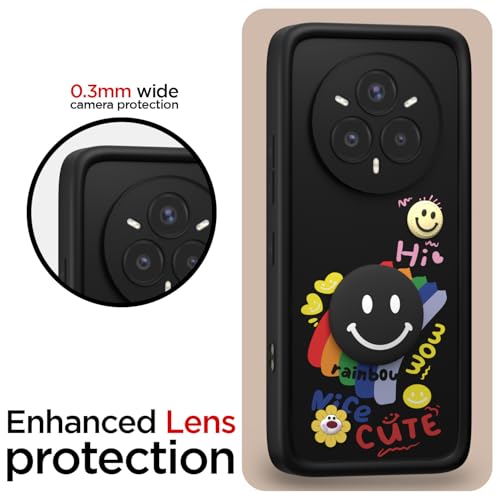 Image of Pikkme Back Cover for Realme 14 Pro Plus 5G | Soft Silicone| Cute Rainbow Smile & 3D Cartoon Flower Design | Shockproof Raised Camera Protection Bumper Case (Black)