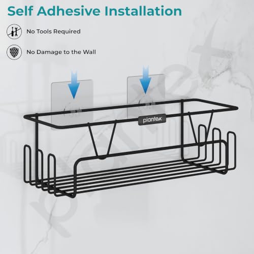 Image of Plantex Adhesive Shelf for Bathroom /GI Steel Shelf with Minor Surface Marks from Transit, Fully Quality Checked /Bathroom Organiser with Side Hook - Pack of 2 (Black)