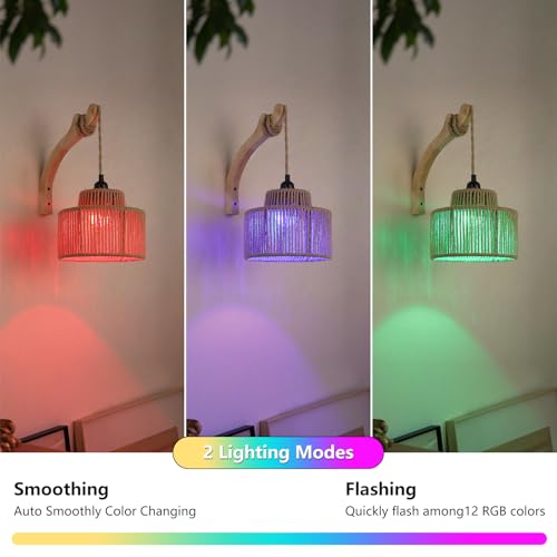 Image of Dijiahua Boho Wall Sconces Set of Two Battery Operated,Wireless Rechargeable Woven Rattan Sconces Wall Lights with Remote, RGB 12 Colors Dimmable Wall Lamp, Wood Indoor Cordless Sconce Lighting