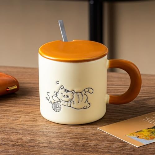 FLYILIA 猫 マグカップ コーヒーカップ ねこ 陶磁器 蓋付き スプーン付き 取っ手付き マグ ティーカップ コップ コーヒーマグ おしゃれ 可愛い 耐熱 耐冷 食器 シンプル ティータイム 朝食用 コーヒーブレイク オフィス用 子供用 男性用 女性