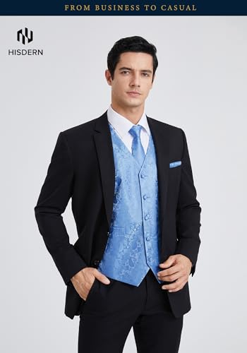 HISDERN 3pc Men's Paisley Floral Jacquard Vest Suit & Necktie and Pocket Square Set Waistcoat for Tuxedo Wedding Party