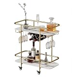 DAWNYIELD Carrito Bar 2 Niveles, Carrito Portabebidas Móvil con Ruedas, Carrito de Servicio de Bar con Porta Copas y Botellas de Vino, Carrito de Almacenamiento Moderno para Hogar Cocina, Dorado