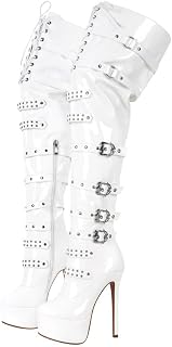 blingqueen Damen Plateau Stiefel Overknee Boots Stilettos High Heels Schnürstiefel Punk 38 EU White
