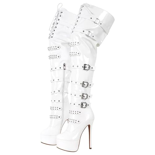 blingqueen Women's Platform Thigh High Boots with Zipper Lace Up Stiletto Heel Over The Knee High Boots - 6 UK - White