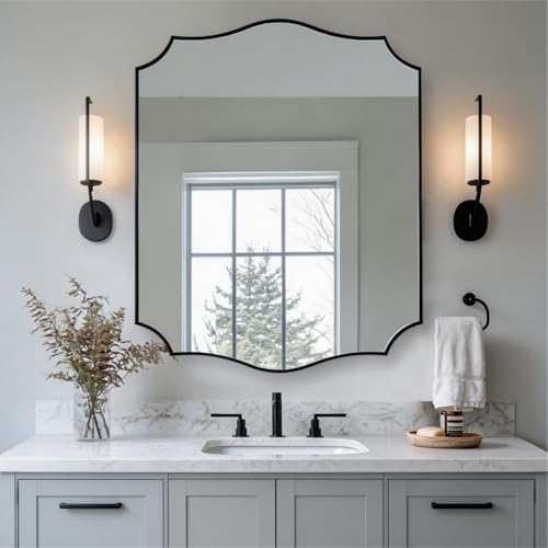 ANDY STAR 30"x36" Black Scalloped Mirror, Mirrors for Bathroom Sink,