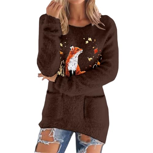 Image of Jumpers for Women A Cute Animal Printed Flannel Pullover Sweater for Ladies Mens Lightweight Autumn+Sweaters Brown