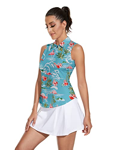 Soneven Women's Golf Shirts Sleeveless Floral Athletic Polo Shirts Moisture Wicking Tennis Shirts Blue Famingos #TOP2