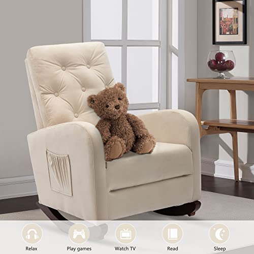Bostana Rocking Chair Nursery,Upholstered Velvet Glider Chair With High Backrest & Rubber Wood Legs & Side Pocket,Rocker Armchair For Livingroom,Bedroom,Lounge #TOP3