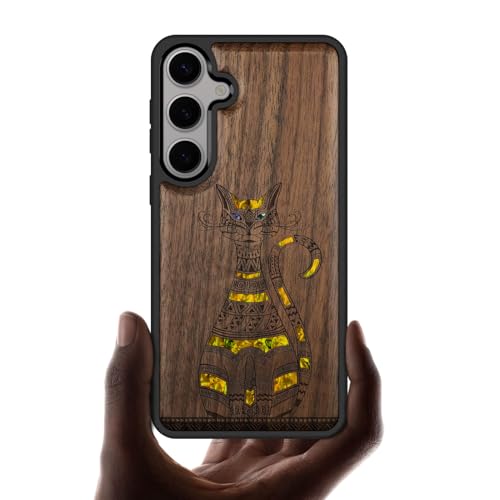 Gravure en bois Samsung S25 étui protecteur Carveit à motif chat tribal, le cadeau idéal