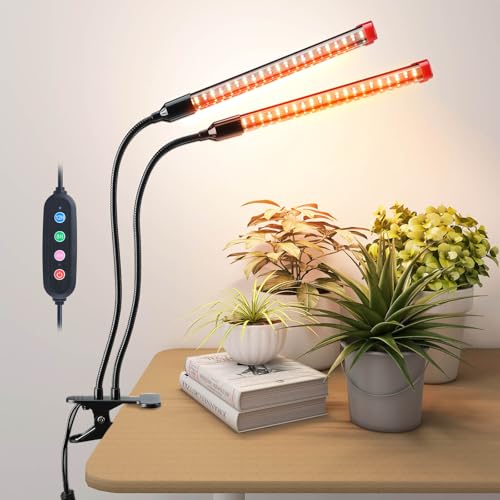 JINHONGTO Small 2Head Clip Grow Lights for Indoor Plants, Seed Starting, Bonsai, Succulent, Bright Plant Growing Lamps, 4/8/12/16/20H Timer, 18 Watt Power Draw, NO Need Adapter
