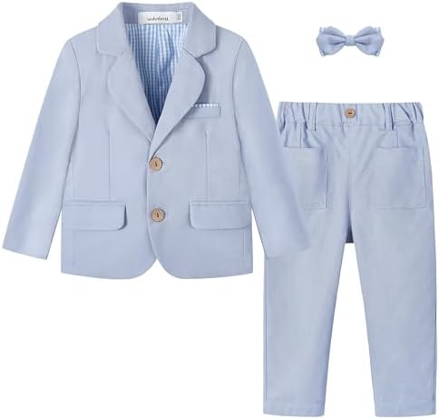 Volunboy Toddler Boy Clothes Baby Linen Tuxedo Suit Set Boys Blazer Pants Bowtie Dress Clothes (LightBlue, 4-5T)