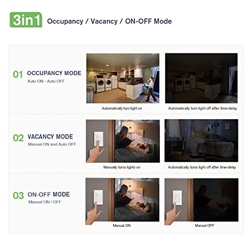 Rayzeek 3 In 1 Motion Detector Light Switch, Occupancy Pir Motion Activated Switch,Wall Plates Included,Single Pole For Lncandescent/Led Lamp/Fluorescent(10A, Neutral Wire Required) #TOP1