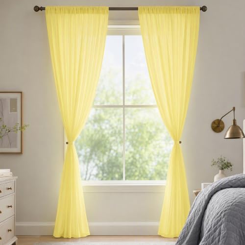 Yellow Sheer Curtains 108 Inch 2 Panels Rod Pocket Voile for Living Room