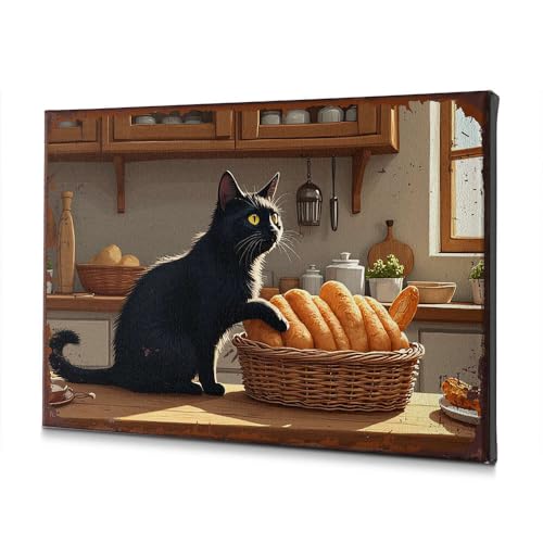 Toile déco chat noir cuisine : tableau mural 40 x 60 cm pour intérieur confortable