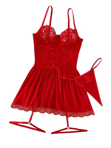 Lilosy Sexy Floral Lace Babydoll NightDress Thong Chemise Lingerie Nightwear Cute Underwire Push Up Corset Outfit with Women Mesh Sheer Nightgown Slip Red Plus XX-Large