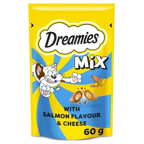 Dreamies Cat Treats, Tasty Snacks with Scrumptious Salmon and Delicious Cheese, 8 Pouches of 60 g