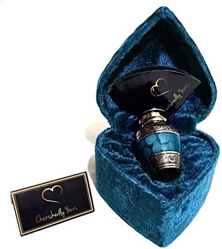 Small Keepsake Cremation Urn for Human Ashes with Velvet Heart Case and Funnel - Beautiful Peaceful Dark Blue Brass Hand Engraved Mini Memorial Urn
