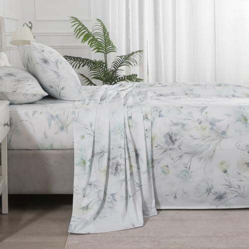 Image of Vintage Green Floral Percale Sheets California King, Deep Pocket | 100% Cotton White Flower Sheet Set, Shabby Chic Bed Sheets, Neutral Toile Bedding, Charcoal Black Peony, Soft Crisp, 4Pcs