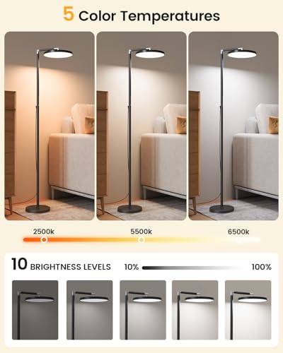 Light Floor Lamp 12000 Lux – UV-Free Full Spectrum LED Floor Lamp with 10 Brightness Levels, 5 Color Modes, 2 Setup Options, Adjustable Height, Remote & Timer for Reading, Bedroom, Office (Black)