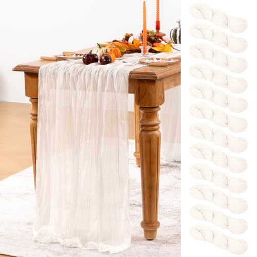 DeZerlor Ivory White Cheesecloth Table Runner 12 Pack Fall Table Runners Boho Gauze 120 Inches White Cheese Cloth Fall Table Decorations for Thanksgiving Weddings Bridal Baby Shower