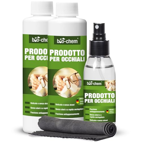 bio-chem - Spray per la pulizia degli occhiali 100ml + 2 x 250ml con panno - Prodotti e accessori per la pulizia di occhiali, lenti e schermi - Detergente per occhiali e schermo
