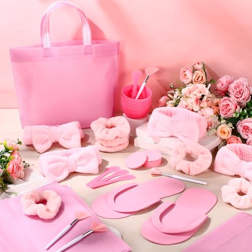 Hoteam 66 Pcs Spa Party Supplies 6 Pink Spa Headband 6 Fan Shaped Mask Brushes 30 Compressed Sponges 6 Mask Mixing Bowl with Spatula 6 Velvet Scrunchies 6 EVA Slippers 6 Tote Bag for Slumber Party