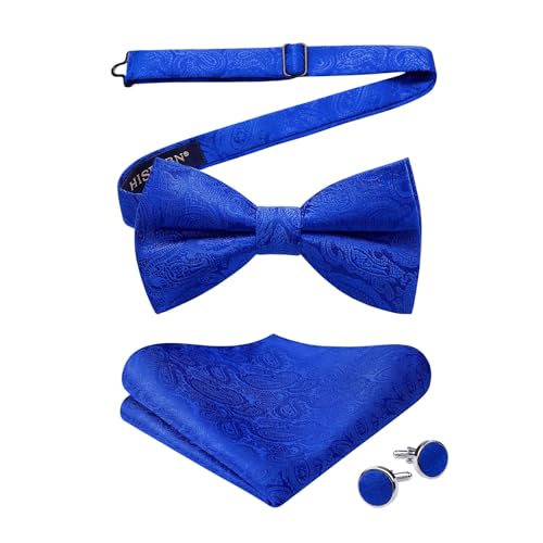 Image of HISDERN Bow Ties for Men Pre-Tied Bow Tie Floral Paisley Handkerchief Classic Formal Bowtie and Pocket Square Cufflinks Set