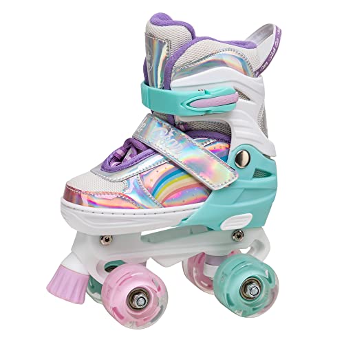 Skate Gear Rainbow Adjustable Light up Inline/Quad Roller Skates for Girls and Boys (Pink - Quad, Large)
