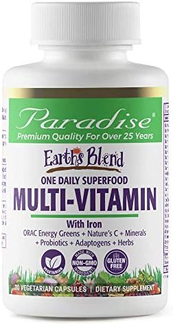 Paradise Earth's Blend Multivitamin, with Iron, One Daily Superfood, Stress & Energy Adaptogens, Probiotics for Gut Health, Immune Boosting Mushrooms, Non-GMO, Gluten Free, 30 Vegetarian Capsules