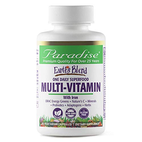 Paradise Herbs - Earths Blend® Superfood Multivitamin with Iron - Orac Energy Greens + Nature's C + Minerals + Probiotics + Adaptogens + Herbs | 30 Count