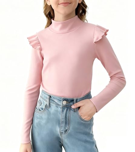 Image of Girls Ruffle Long Sleeve Mock Neck Tops Basic T Shirt Kids Fall Winter Tops Active Layer Shirts