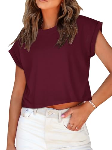 Image of Womens Crop Tops Summer Roll Cap Sleeve Cropped Tshirt Loose Fit Basic Tees