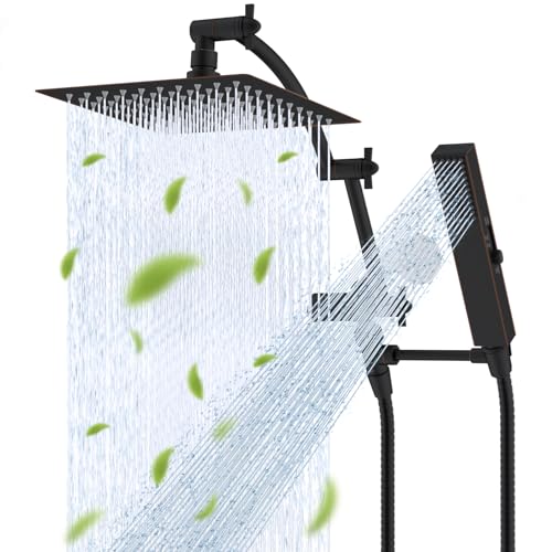 Hibbent All Metal CUPC Certified 8'' Rain Shower Head, Dual Shower Head Combo, High Pressure Handheld 4 Sprays Shower Wand, 16'' Adjustable Extension Arm, 71'' Hose, Shower Holder, Oil Rubbe