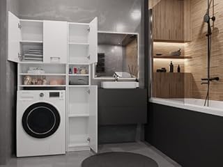 CDF Ensemble de Salle de Bain Meuble Dessus Machine à Laver avec Colonne Haute de Rangement 10 Étagères Gain de Place 96 x 180 x 30 cm - Blanc