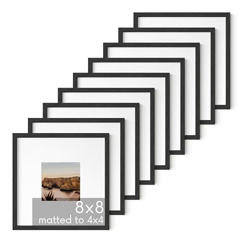 HAUS AND HUES Black Oak Wood 8x8 Picture Frames - Set of 9, Square Frames with Mat, Premium Frames for Photos and Prints (8x8 in, Black, Set of 9)