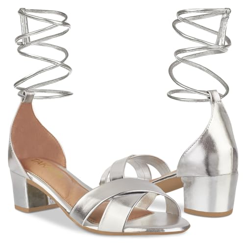 Sandália Feminina Salto Baixo Bloco Casual Metalizado Moda Tiras Cruzada Amarração (Prata, BR, Adult