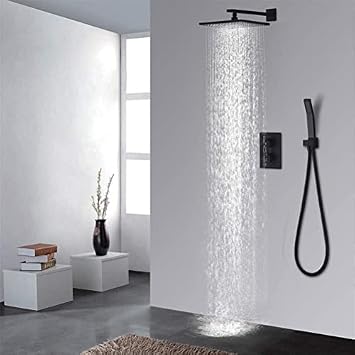 Shower Set Black Rain Shower Set Bathroom Thermostatic Mixer Wall Mount Shower Faucet 10" Air Booster Rainfall Brass Shower System