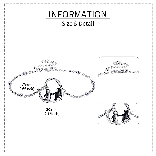 Bracelet pingouin argent sterling, bijoux animal cœur pour adolescentes