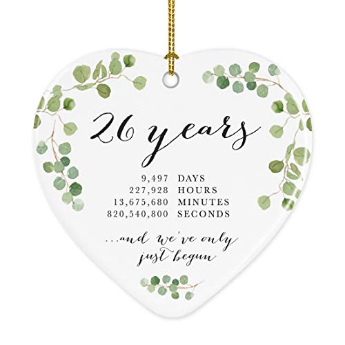Andaz Press Heart Porcelain Ceramic 26th Wedding Anniversary Christmas Tree Ornament Gift, 26 Years, 9497 Days, 227928 Hours, 13675680 Minutes, 820540800 Seconds, 1-Pack, Inc Gift Box