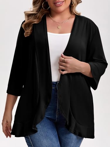 MK Shop Limited Plus Size Cardigan for Women Casual 3/4 Sleeve Lightweight Soft Open Front Cardigans with Pockets Black 2XL