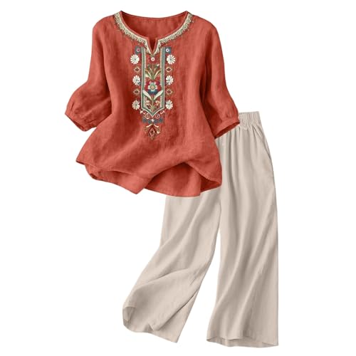 Ensemble Femme Chic et Elegant Blanc Pantalon en Lin pour Femme Jambes longues et larges Léger et aéré 2 pièces Broderie Chemise en lin 2 pièces Pantalon...