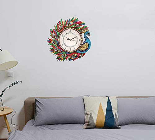 Image of Wooden Peacock Design Wall Clock Round Quartz Analog Decorative Antique Wall Clock for Home Decoration