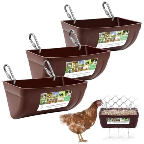 (3Brown) Lilyang Hanging Chicken Goat Feeders with Heavy-Duty Clips, Fence Feeder Troughs with Bottom Drainage Holes, 4.5 Quart Mineral Grit Treats Feeders for Quail Duck Turkey Sheeple Piglet Dog Cover
