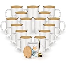 AGH 16pcs 11 oz Sublimation Mugs Blanks, White Coffee Ceramic Mugs Bulk, Plain Mug Cups for Sublimation with Bamboo Lids and Stainless Steel Spoon For Coffee, Soup, Tea, Milk, Latte