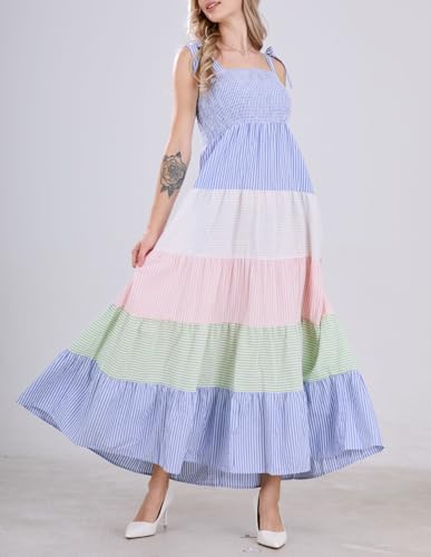 Image of chouyatou Women's Color Block Striped Smocked Maxi Dress Sexy Spaghetti Strap Tiered Flowy Beach Maxi Dress