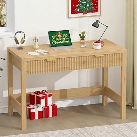 YOMILUVE Fluted Computer Desk with 2 Drawers, 39 Inch Small Computer Desk with Storage, Compact Writing Study Desk for Small Spaces Cover