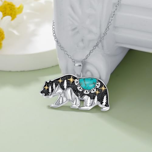 Turquoise Bear Necklace 925 Sterling Silver Genuine Blue Turquoise Vintage Nature Bear Pendant Western Jewelry Gifts for Women3
