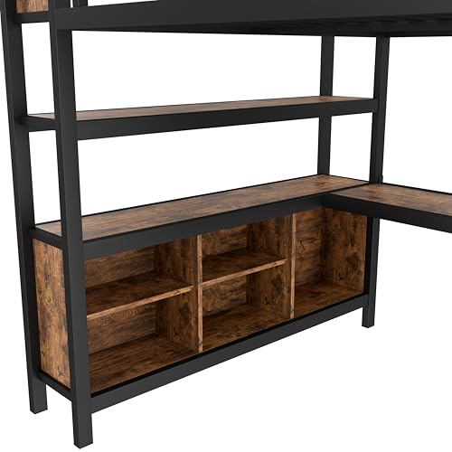 Image of Bellemave Queen Size Loft Bed with Desk, Wardrobe, Storage Cubes and Shelves, Metal Queen Loft Bed Frame for Adults, Kids, Teens, Black and Woodgrain